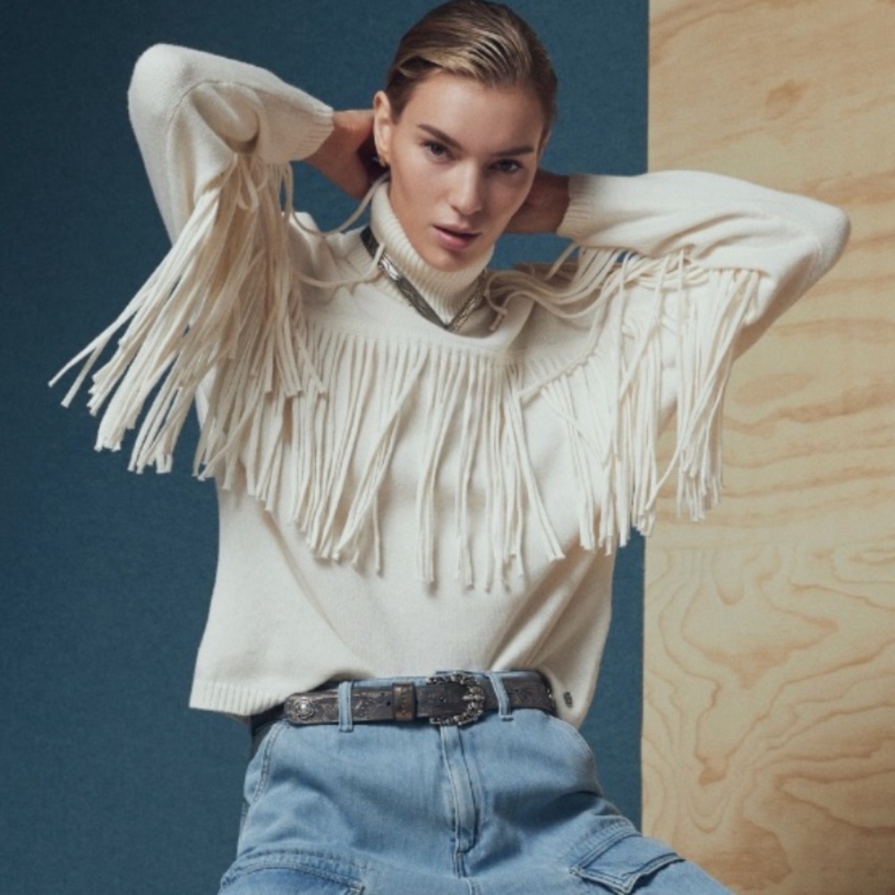 Replay Fringe Detail High Neck Cream Sweater Size XS